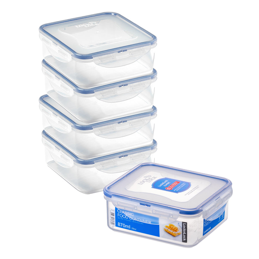 LocknLock Square Food Containers with Lids, 5 x 870ml