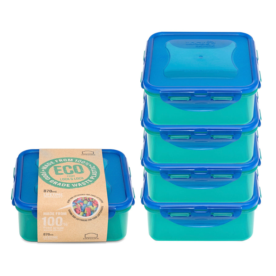 LocknLock Square Eco Food Containers with Lids, 5 x 870ml