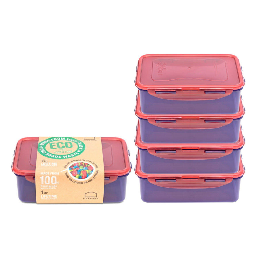 LocknLock Rectangular Eco Food Containers with Lids, 5 x 1L