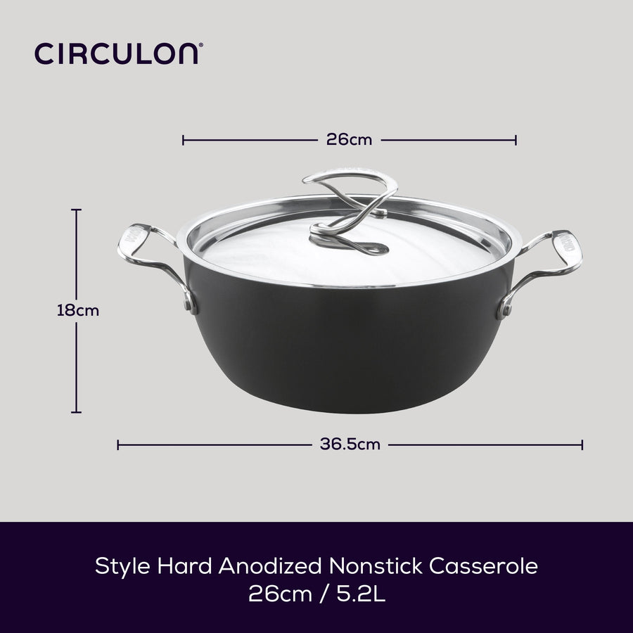 Circulon Style Hard Anodised Deep Chefs Casserole, 26cm/5.2L