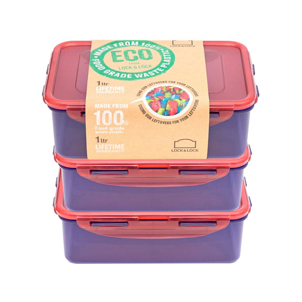 LocknLock Eco Food Container Set 1L Rectangular Lunch Storage Box - Pack of 3